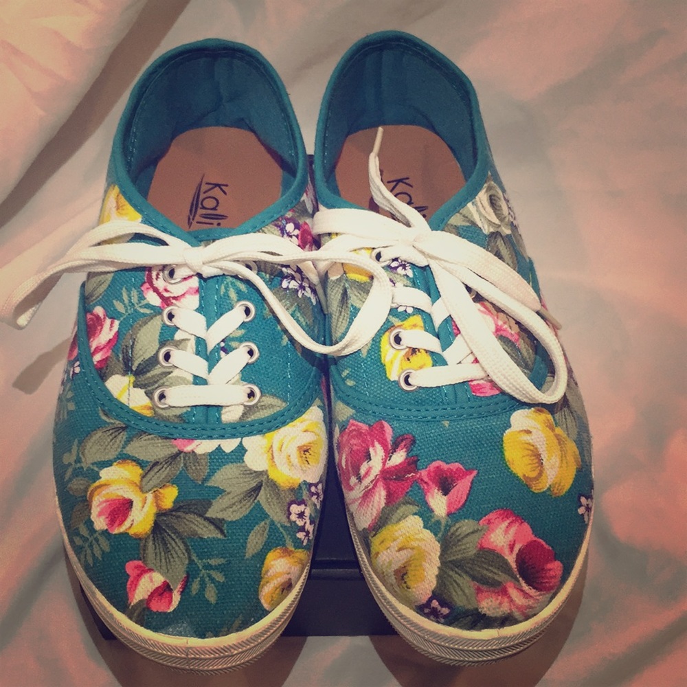 Teal floral canvas sneakers size 8